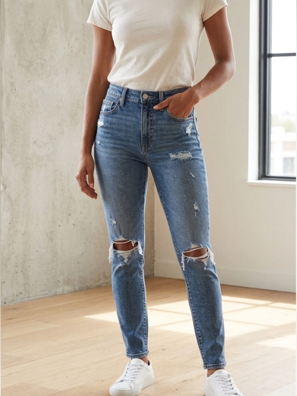 GAP Denim For Good light wash high waist regular skinny jeans distressed/ rips